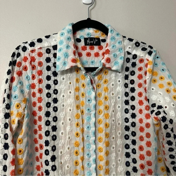 Mary V's Women's 3/4 Sleeve Multicolored Embroidered Floral Button Up GUC - Picture 3 of 11